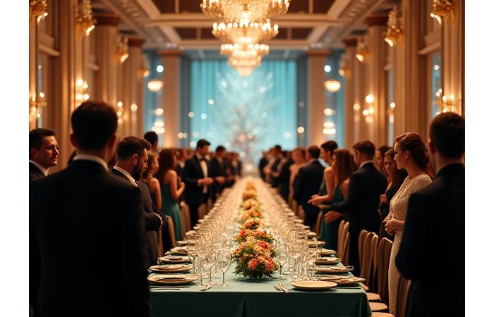 Gjester mingler under en storslått gallamiddag for et teknologiselskap.
