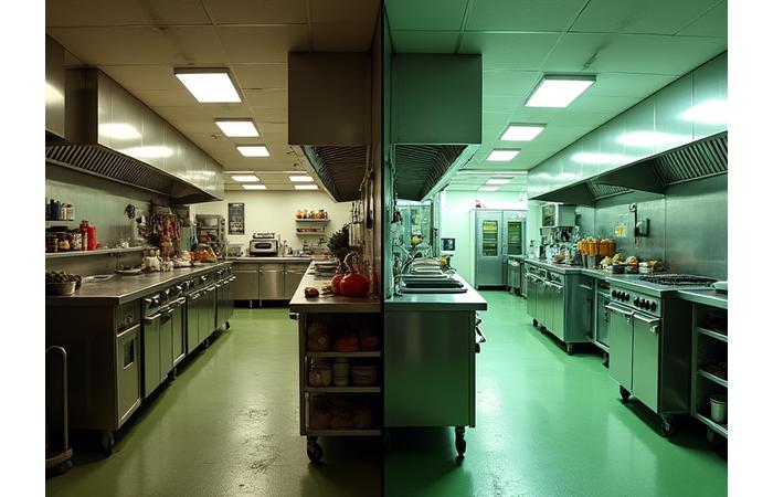 Før og etter av et kjøkken for restaurant i Oslo, som viser optimalisering av areal og utstyr for økt effektivitet.