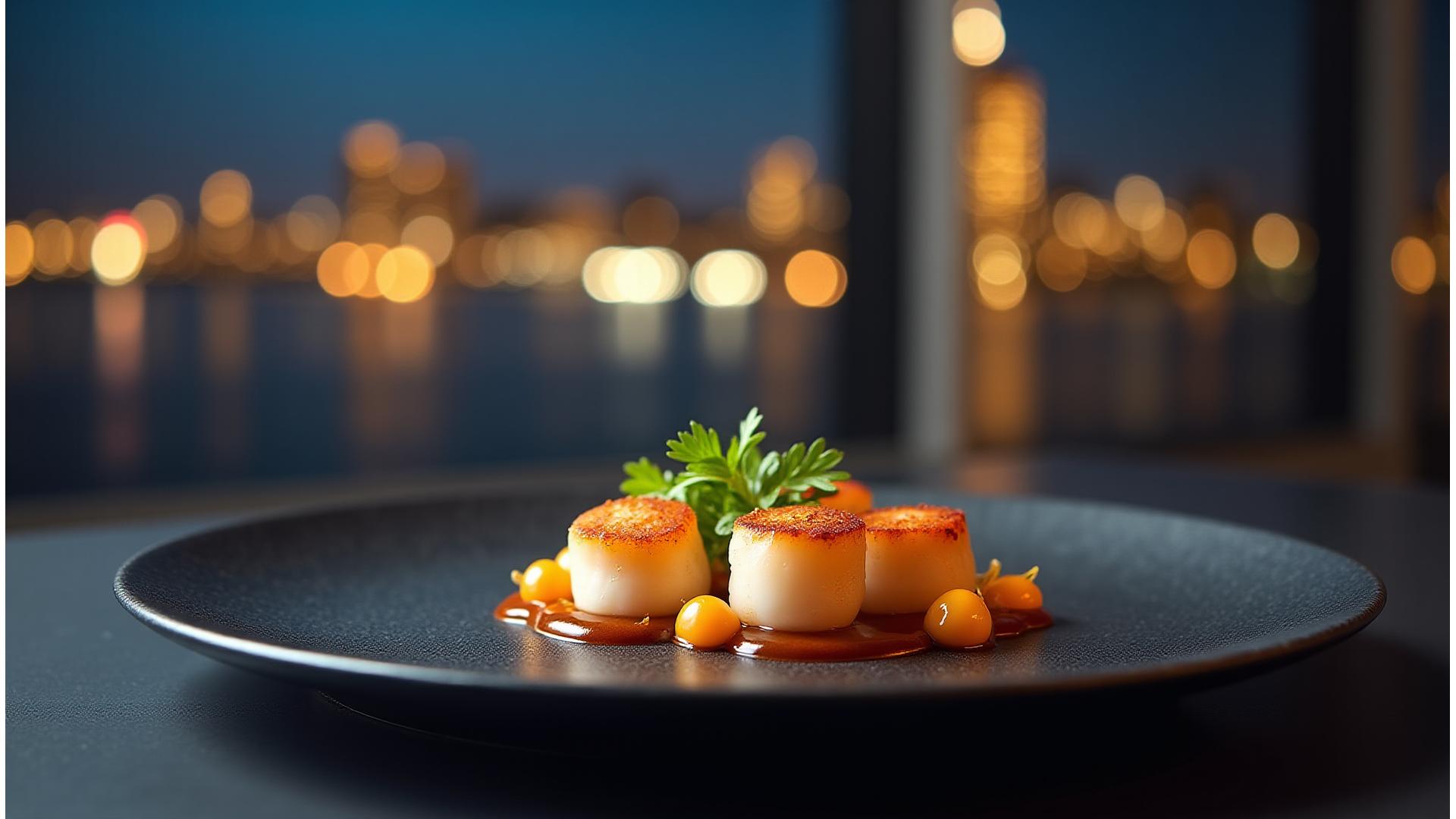 En elegant treretters gourmetmiddag presentert med utsikt over Oslo by i skumringen.