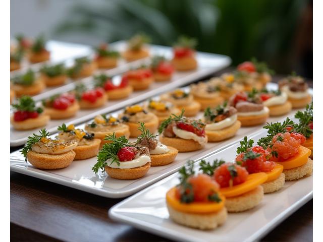 Elegant cateringbord med nordisk-inspirerte småretter for et arrangement.