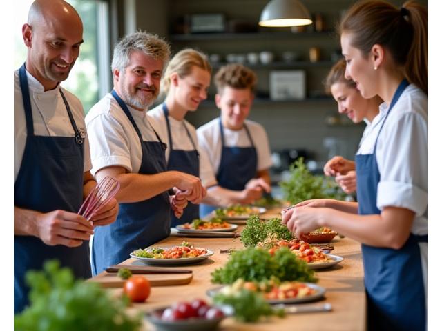 Deltakere på en kulinarisk workshop lærer å tilberede nordiske retter med en mesterkokk.