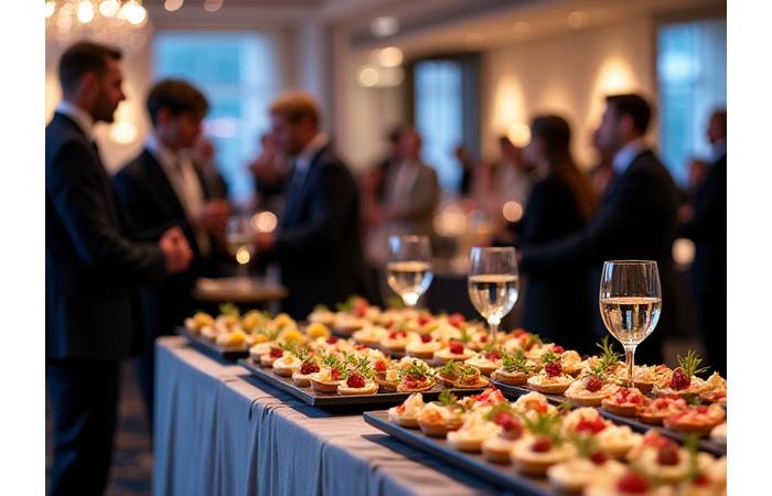 Et elegant forretningsmiddag der profesjonelle mingling, med Nordlys Hvelv sin catering.